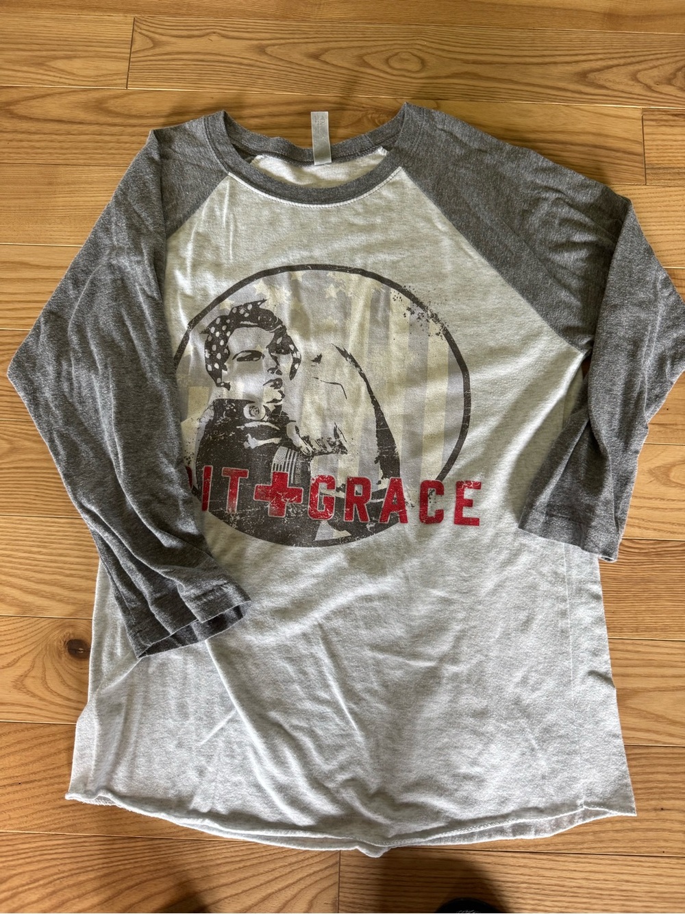 Women’s Gray Raglan 3/4 Sleeve Graphic Tee with Red Print